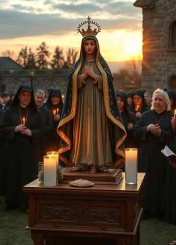 Procesja katolicka z Matką Bożą Jasnogórską - tradycyjna i pobożna scena Uroczysta procesja katolicka z figurą Matki Bożej Jasnogórskiej, wierni w tradycyjnych strojach, w głębi cerkiewny pejzaż, wyraz głębokiej pobożności i sprzeciwu wobec modernistycznych tendencji