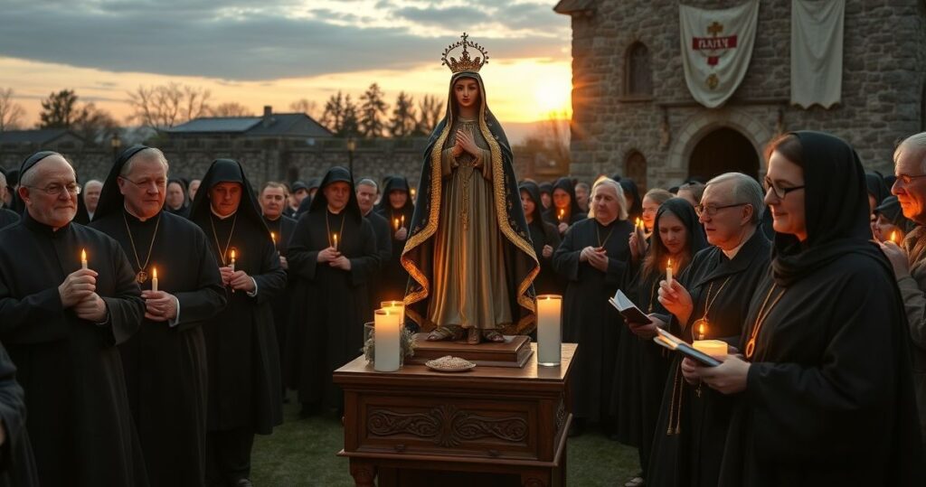 Uroczysta procesja katolicka z figurą Matki Bożej Jasnogórskiej, wierni w tradycyjnych strojach, w głębi cerkiewny pejzaż, wyraz głębokiej pobożności i sprzeciwu wobec modernistycznych tendencji