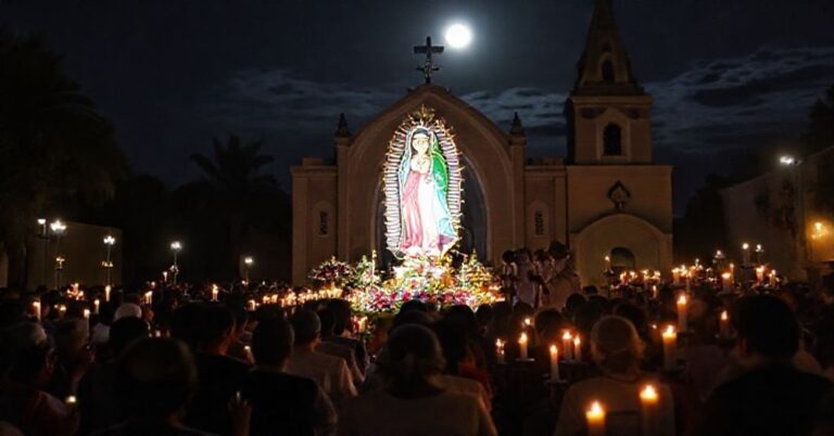 Tradycyjna katolicka procesja z wizerunkiem Matki Bożej z Guadalupe przed bazyliką w Tepeyac w nocy. Pobożni wierni modlą się na kolanach w świetle świec.