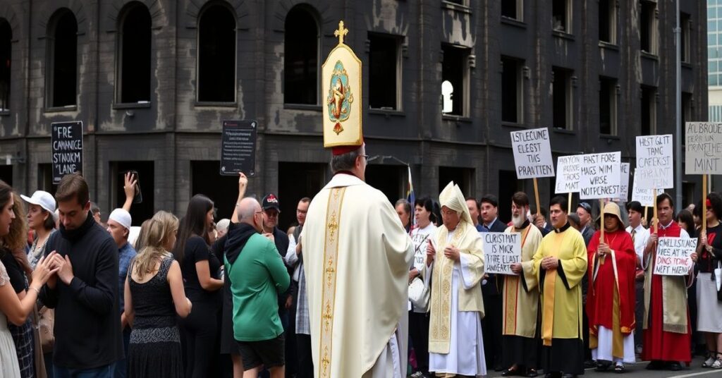 Procesja katolicka w Minneapolis z Najświętszym Sakramentem na tłle zniszczeń, kontrastująca z modernistycznym duchowieństwem