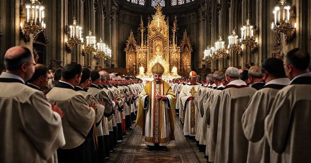 Uroczysta procesja w Archikatedrze Oliwskiej z udziałem modernistycznych duchownych pod przewodnictwem rzekomego "arcybiskupa" Tadeusza Wojda SAC.