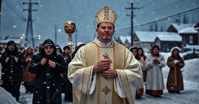 Kapłan w tradycyjnych szatach liturgicznych prowadzi procesję w śnieżnym miasteczku, trzymając monstrancję z Najświętszym Sakramentem. Wierzni modlą się z pokorą, podczas gdy wokół panuje burza śnieżna i zniszczona infrastruktura.