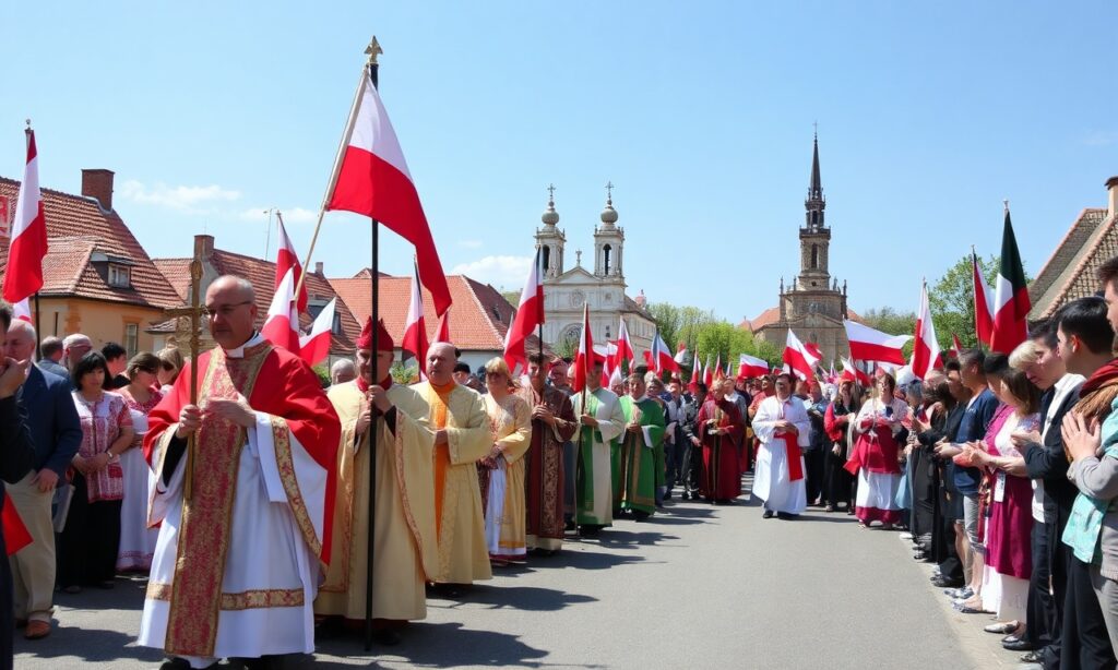 Procesja z Wawelu na Skałkę prowadzona przez kardynała Grzegorza Rysia w tradycyjnych szatach liturgicznych, z biskupami, księżmi i wiernymi w modlitwie. Tło stanowi średniowieczna architektura polska z widocznym Kościołem na Skałce.