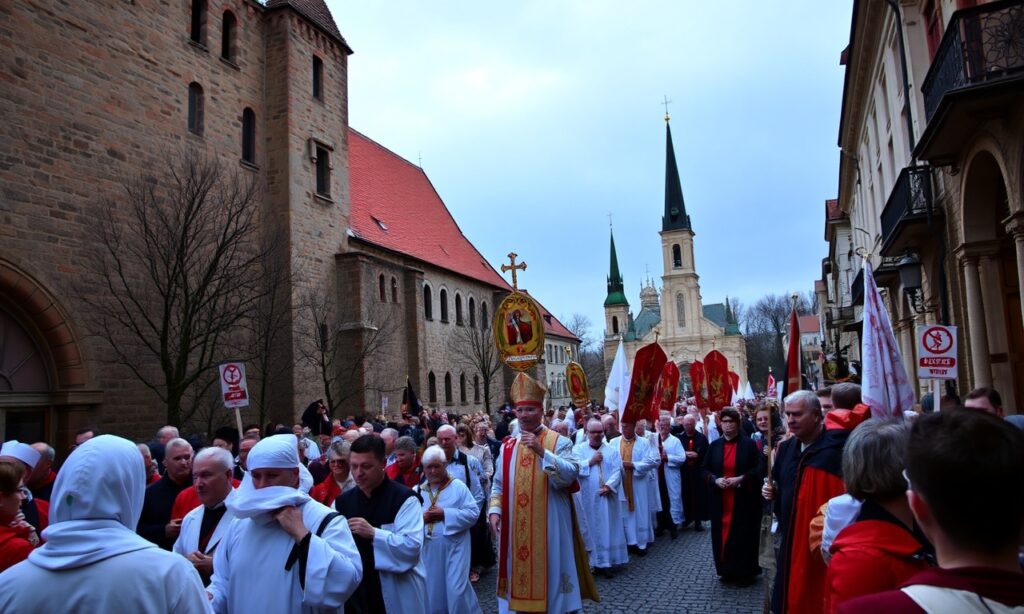Procesja na Skałkę pod przewodnictwem kard. Grzegorza Rysia: tradycyjne symbole katolickie i wierni w modlitwie
