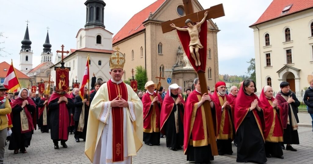 Procesja ku czci Najświętszego Serca Jezusowego w Kaliszu 2026 - wierni w tradycyjnych strojach religijnych podczas nabożeństwa
