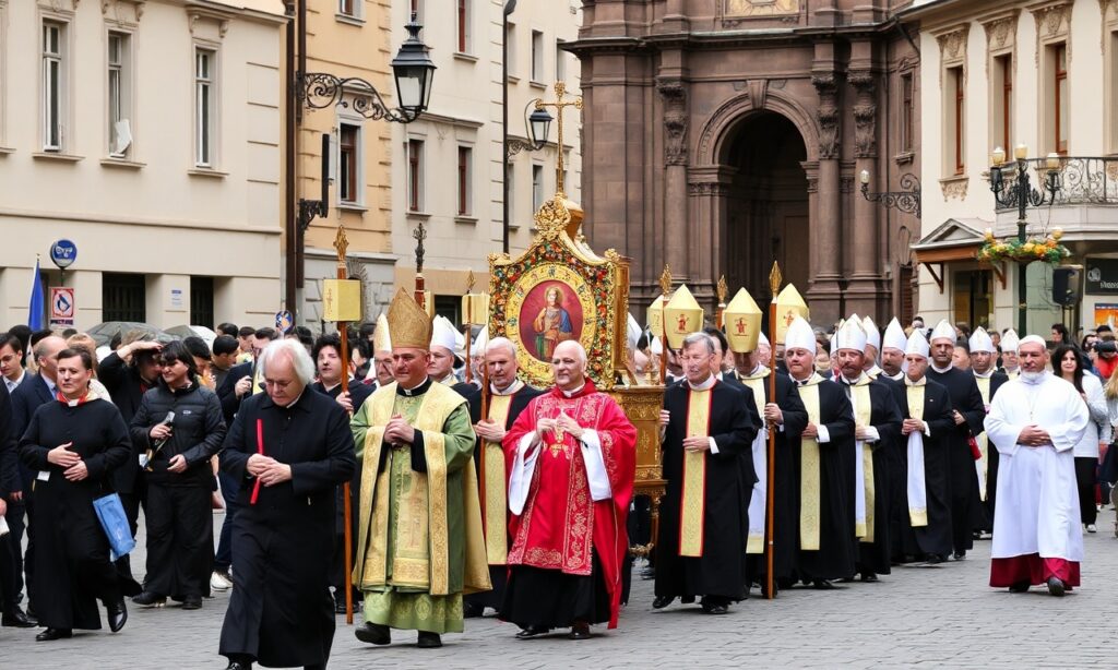 Procesja Narodowego Orszaku Chrystusa Króla w Warszawie z relikwiami św. Andrzeja Boboli pod przewodnictwem abp. Adriana Galbasa i ojca Arturo Sosa SJ.