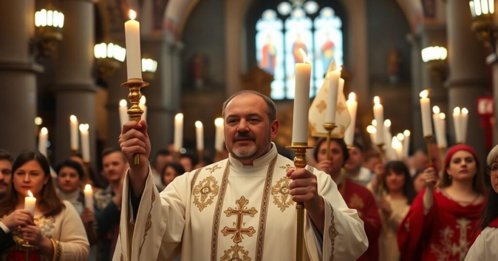 Procesja katolicka podczas święta Ofiarowania Pańskiego z tradycyjnymi gromnicami i księżm w ornatach liturgicznych.