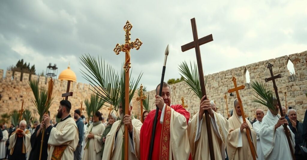 Tradycyjna katolicka procesja w Jerozolimie podczas Wielkiego Tygodnia, wierni z palmami i krzyżami na tle starych murów miasta.