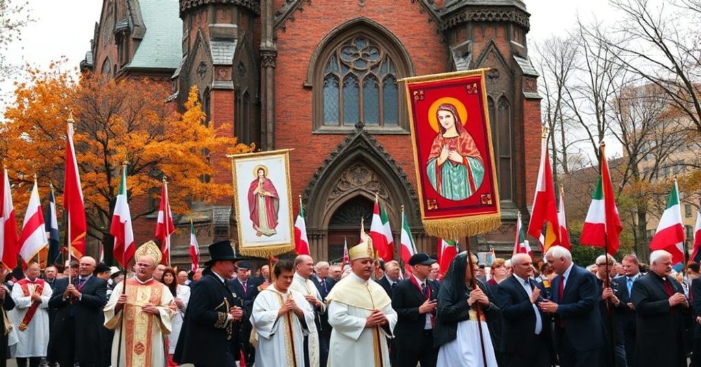 Procesja katolicka w Chicago z udziałem Polonii, z nieszporami i sztandarami Chrystusa Króla i Matki Boskiej Polski