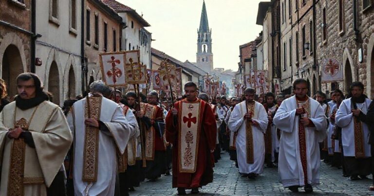 Procesja pielgrzymów siedemnastowiecznego Kościoła Katolickiego pod przewodnictwem tradycyjnego kleru w miejscowości Łotwa