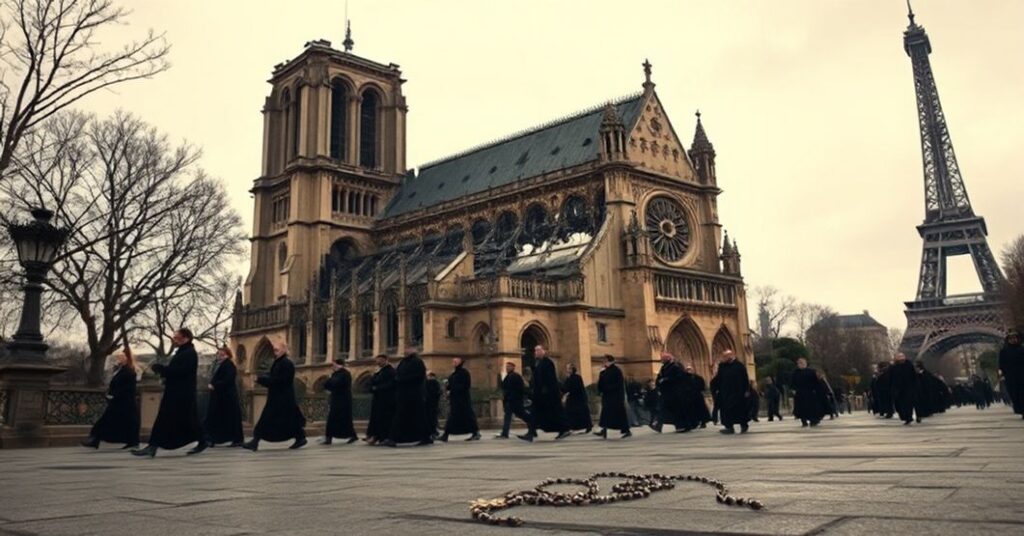 Procesja katolików przed zniszczoną katedralą Notre-Dame w Paryżu, symbolizująca represje wobec Kościoła katolickiego po ustawie z 1905 roku.