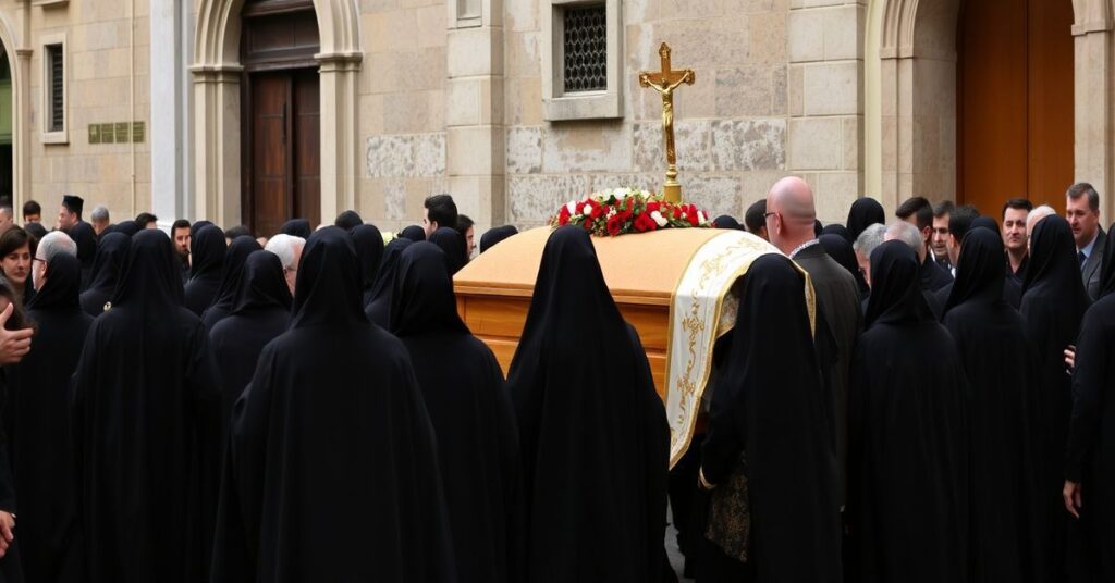 Procesja pogrzebowa w Katanii z trumienką i księdzem w tradycyjnych szatach liturgicznych