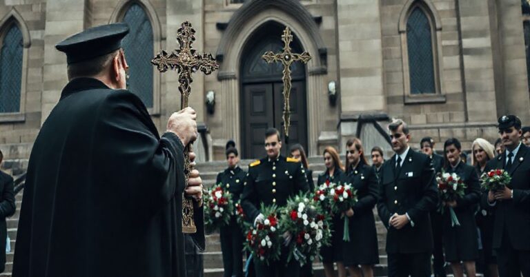 Katolicka procesja pogrzebowa pilota wojskowego z krzyżem przed kościołem, wyraz żałoby i modlitwy