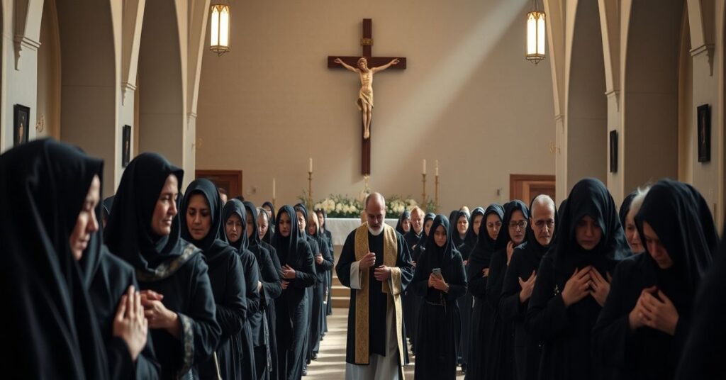 Procesja pogrzebowa ukraińskich wdów i rodzin poległych żołnierzy w tradycyjnym katolickim sanktuarium