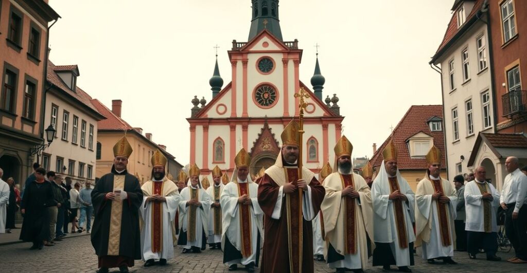 Procesja pokutna w darłowskim mieście, duchowni prowadzący wiernych w tradycyjnym katolickim rytuale, w historycznym otoczeniu, wyrazem głębokiej pokuty i wiary zgodnej z nauką Kościoła