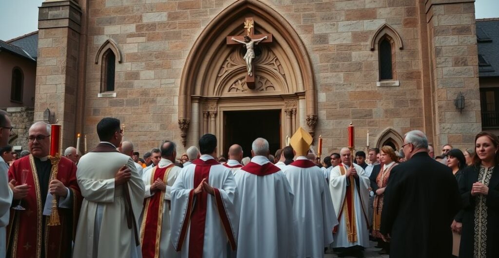 Tradycyjna katolicka procesja pokutna z duchownymi, świecami i krzyżem przed historycznym kościołem, symbolizująca prawdziwą pokutę i posłuszeństwo Chrystusowi Królowi