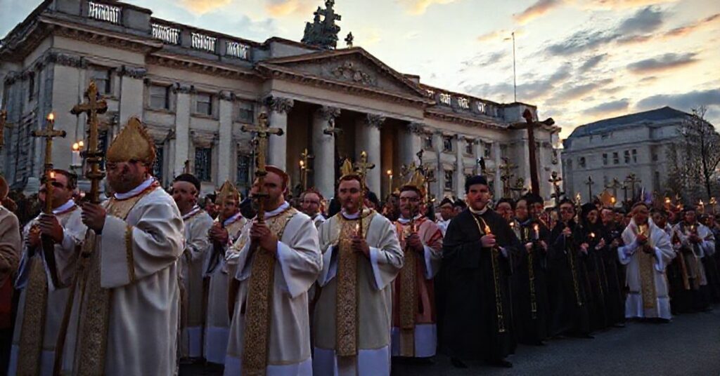 Procesja katolicka przed Parlamentem Europejskim z kapłanami w tradycyjnych szatach i wiernymi z pochodniami, symbolizująca walkę z aborcją i potrzebę pokuty.