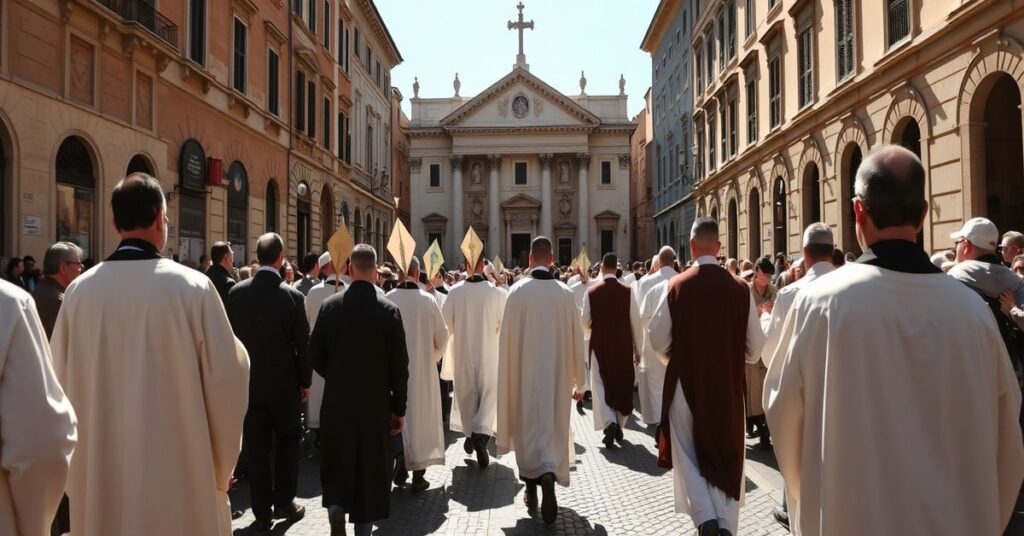 Procesja katolicka podczas Popielca w kierunku Bazylicy św. Jana na Lateranie, wierni klęczący podczas udzielania popiołów