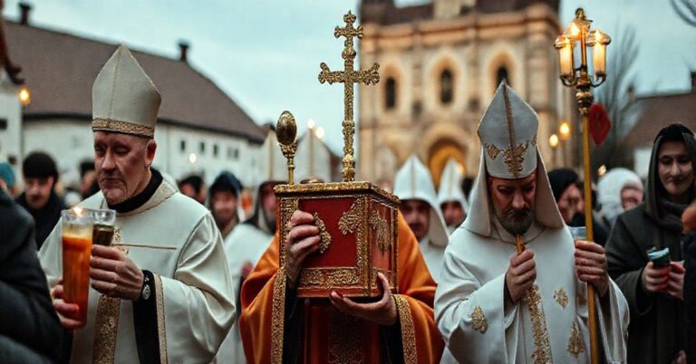 Procesja religijna w Gnieźnie, Polska, podczas której prezentowane są relikwie "św." Karola Acutisa, symbolizująca modernistyczne zniekształcenie tradycyjnego kultu świętych w Kościele Katolickim.