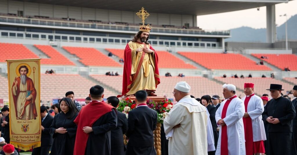 Procesja katolicka w Seulu podczas Światowych Dni Młodzieży 2027 z rzeźbą Chrystusa Króla i prawdziwymi świętymi