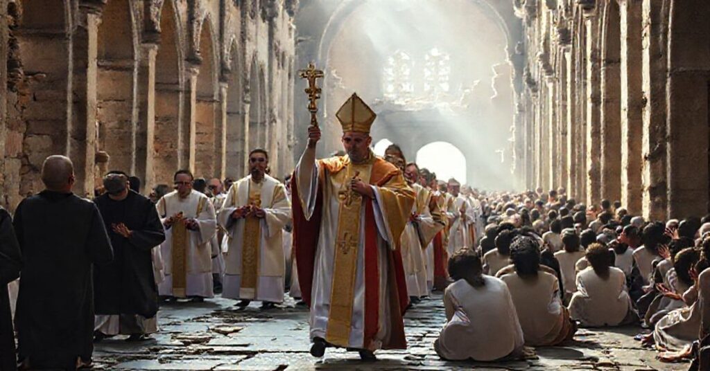 Procesja katolicka w tradycyjnychhabitach prowadzona przez biskupa sedevakantystycznego; kontrast międzyprawdziwą liturgią a modernistycznymi praktykami