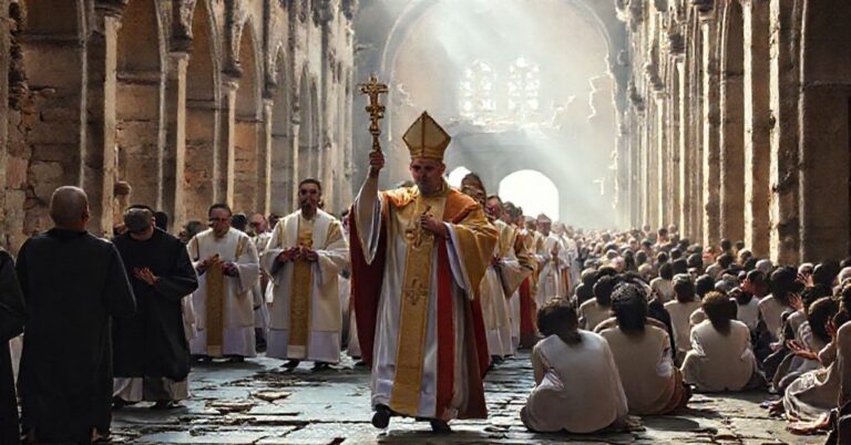 Procesja katolicka w tradycyjnychhabitach prowadzona przez biskupa sedevakantystycznego; kontrast międzyprawdziwą liturgią a modernistycznymi praktykami