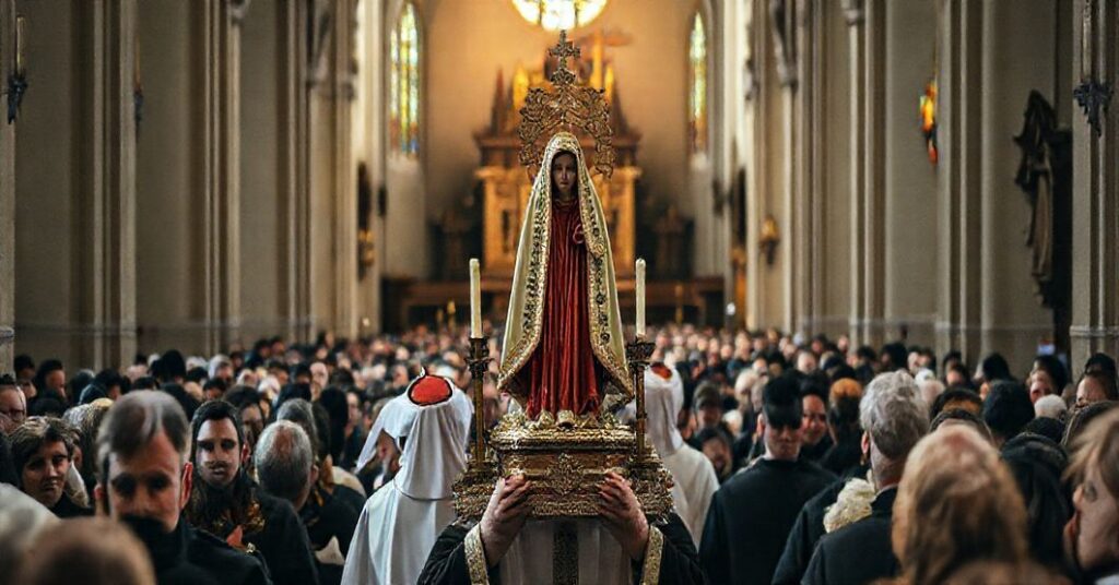 Procesja katolicka w Skrzatuszu z figurą Matki Boskiej Bolesnej, symbolizująca tradycyjną pobożność w kontekście modernistycznych zmian w Kościele