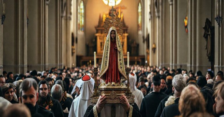 Procesja katolicka w Skrzatuszu z figurą Matki Boskiej Bolesnej, symbolizująca tradycyjną pobożność w kontekście modernistycznych zmian w Kościele