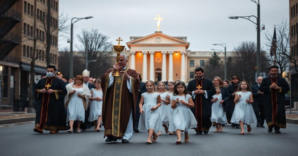 Procesja katolicka z monstrancją wypełniającą ulicę z dziewczętami w białych sukieniach przed budynkiem sądowym