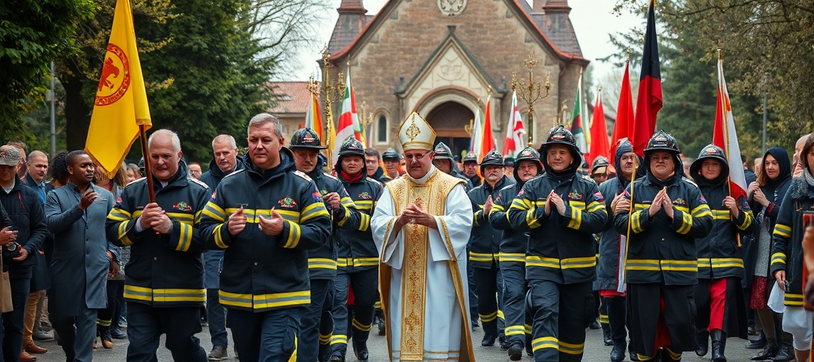 Procesja strażaków i ich rodzin w Koziebrodach pod Płockiem pod przewodnictwem biskupa z monstransem. Scena wypełniona pokorą i pobożnością.