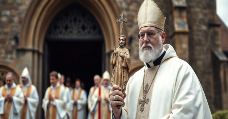 Fotografia realistyczna tradycyjnej katolickiej procesji z figurą św. Andrzeja Boboli na tle historycznego kościoła, ukazująca powagę i autentyczną pobożność.