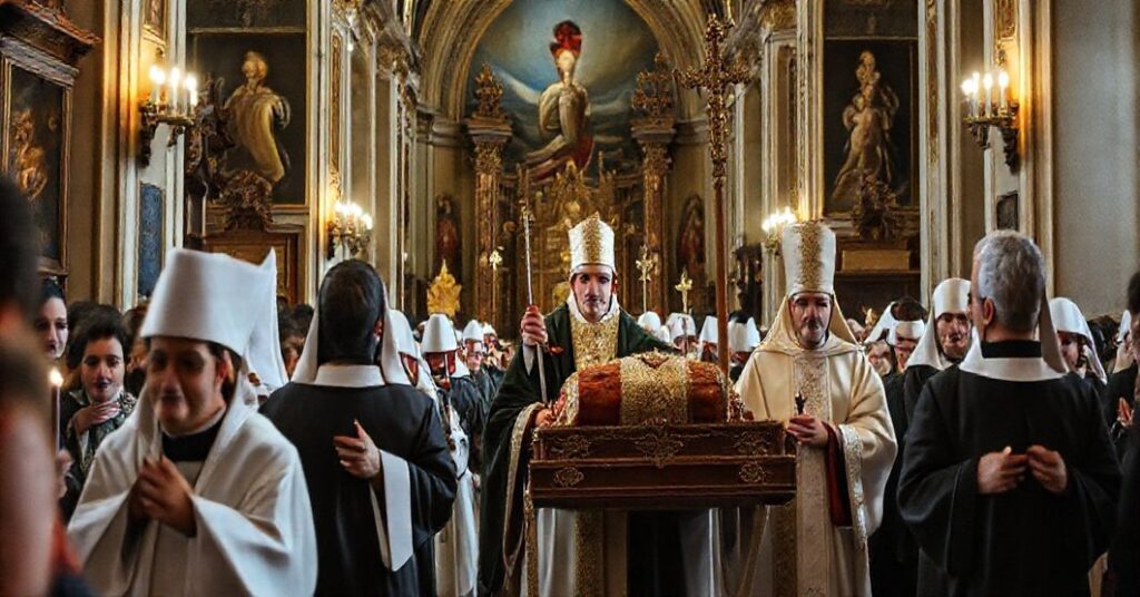 Ciemna i poważna procesja religijna w Kętach z relikwiami św. Jana Kantego - tradycyjna katolicka uroczystość pod wpływem nowoczesnych modernistycznych zdeformowań