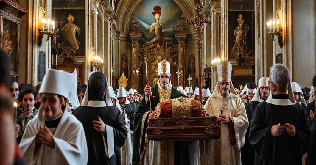 Ciemna i poważna procesja religijna w Kętach z relikwiami św. Jana Kantego - tradycyjna katolicka uroczystość pod wpływem nowoczesnych modernistycznych zdeformowań