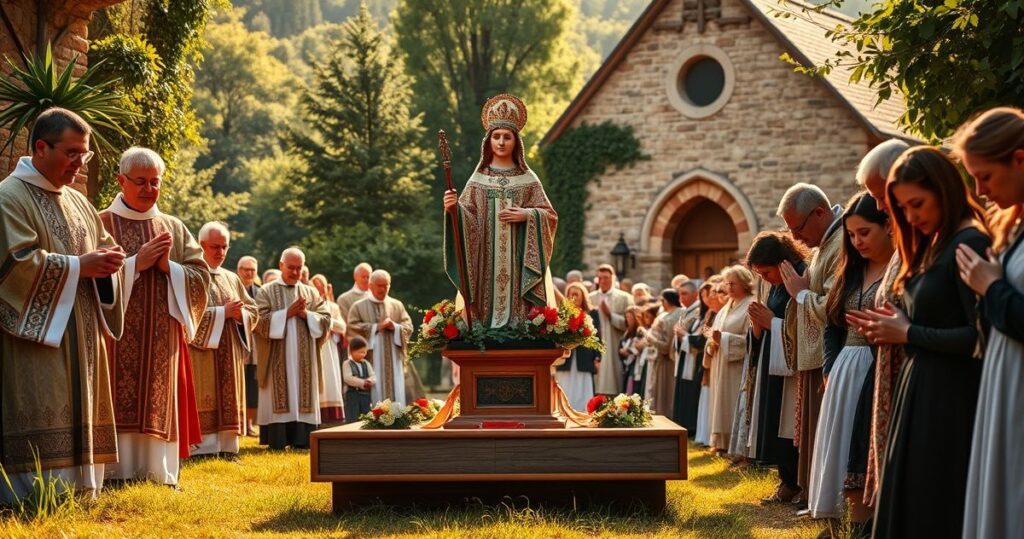 Uczestnicy katolickiej procesji z figurą św. Rocha, w duchu tradycyjnej, autentycznej religijności, bez synkretyzmu i nowoczesnych praktyk
