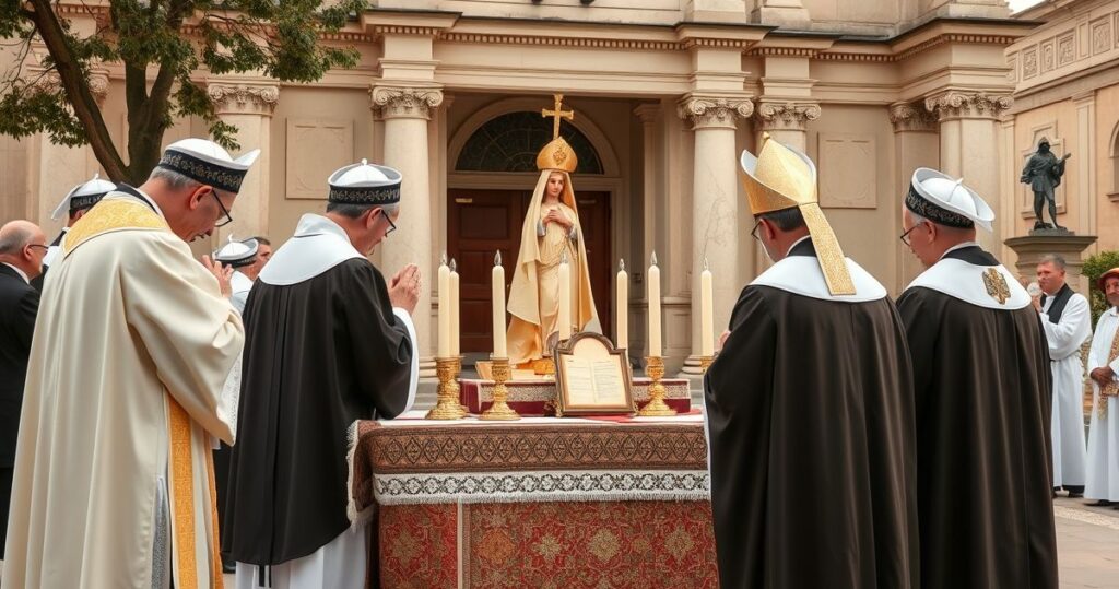 Fotografia realistyczna katolicka ukazująca duchowne w liturgicznym stroju podczas procesji ku czci świętych Moniki i Augustyna, w otoczeniu relikwii i tradycyjnej architektury kościelnej