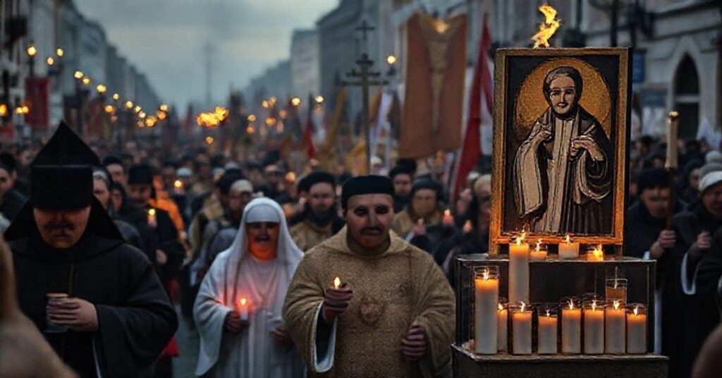 Pobożni klerycy i wierni uczestniczą w procesji ze świętymi w Szczecinie, nosząc poświecone znicze i sztandary. Scena zawiera fałszywe relikwie niekanonizowanych postaci na specjalnych wygniotach.