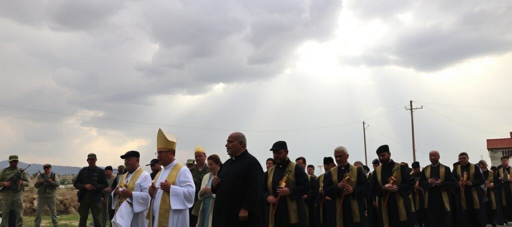 Procesja katolicka w Taybeh z wizerunkiem Matki Boskiej przy obecności izraelskich żołnierzy i figurą uzurpatora Pizzaballi