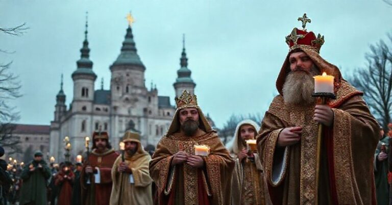 Tradycyjna katolicka procesja Trzech Króli w Warszawie z uroczyście ubranymi uczestnikami i Krzyżem.
