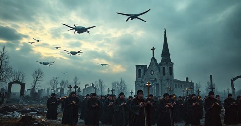 Procesja katolicka upamiętniająca ofiary rzezi wołyńskiej z relikwiami męczenników w tle drony wojskowe