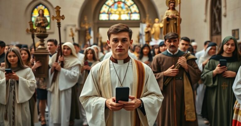 Procesja katolicka w Asyżu z tymczasowym świętym Karola Acutisa i elektronicznymi urządzeniami