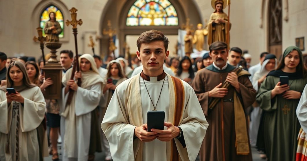 Procesja katolicka w Asyżu z tymczasowym świętym Karola Acutisa i elektronicznymi urządzeniami