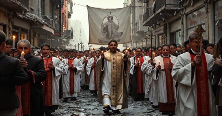 Procesja katolicka w zniszczonym mieście z kapłanami w tradycyjnych ornatach prowadzącymi wiernych przez gruzy i zniszczenia. Na tle widoczny jest biuro gazety z rozbitymi oknami.