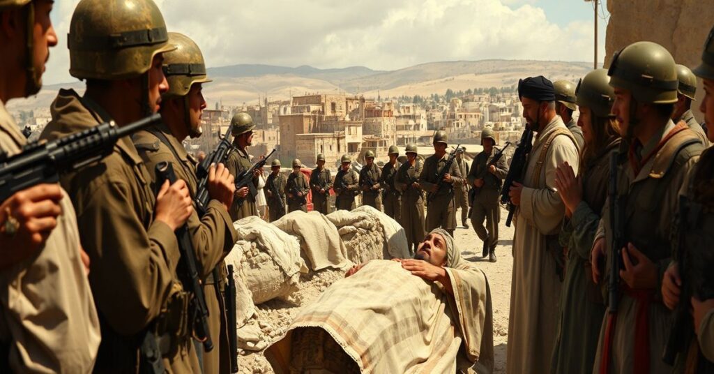 Scena ukazująca tradycyjne katolickie procesje w Hebronie z Khalilem Hathaleenem żałującym śmierci brata, żołnierzami izraelskimi i żydowskimi osadnikami na tle. Scena podkreśla duchową bitwę o Ziemię Świętą.