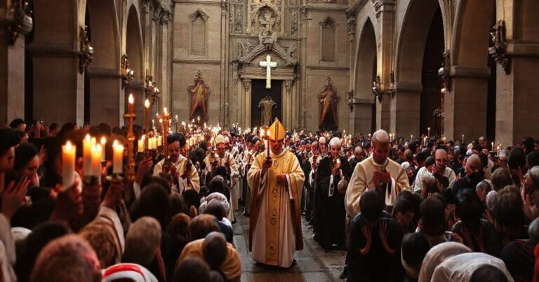 Procesja w sanktuarium bł. Honoraty, z kapłanami w ornatach i wiernymi na kolanach w modlitwie