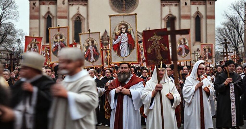 Procesja katolicka w Warszawie z transparentami Chrystusa Króla i tradycyjnymi symbolami wiary, kontrastująca z modernistycznymi symbolami marszu posoborowego.