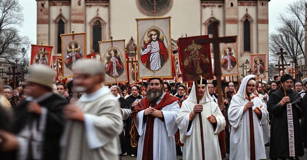 Procesja katolicka w Warszawie z transparentami Chrystusa Króla i tradycyjnymi symbolami wiary, kontrastująca z modernistycznymi symbolami marszu posoborowego.