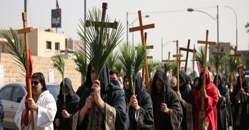 Triumfalna procesja wielkanocna w Iraku - wierni niosący gałęzie palmowe i krzyże w publicznym wyznaniu Chrystusa Króla