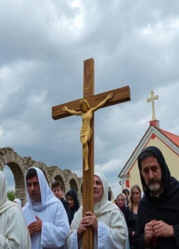 Procesja Wielkopostna w Wiślicy - tradycja i wierność Pielgrzymi w tradycyjnych szatach idą w procesji z drewnianym krzyżem w Wiślicy