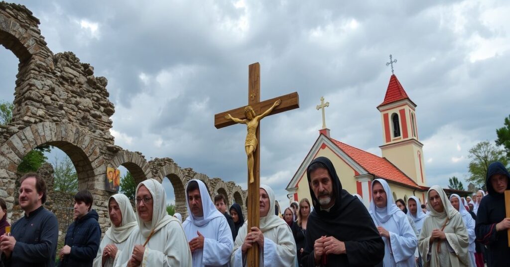 Pielgrzymi w tradycyjnych szatach idą w procesji z drewnianym krzyżem w Wiślicy