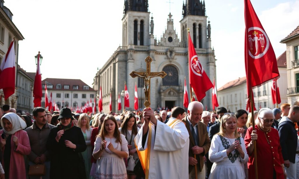 Procesja katolickich wiernych z krzyżem w ręku na tle katedry i polskich symboli narodowych